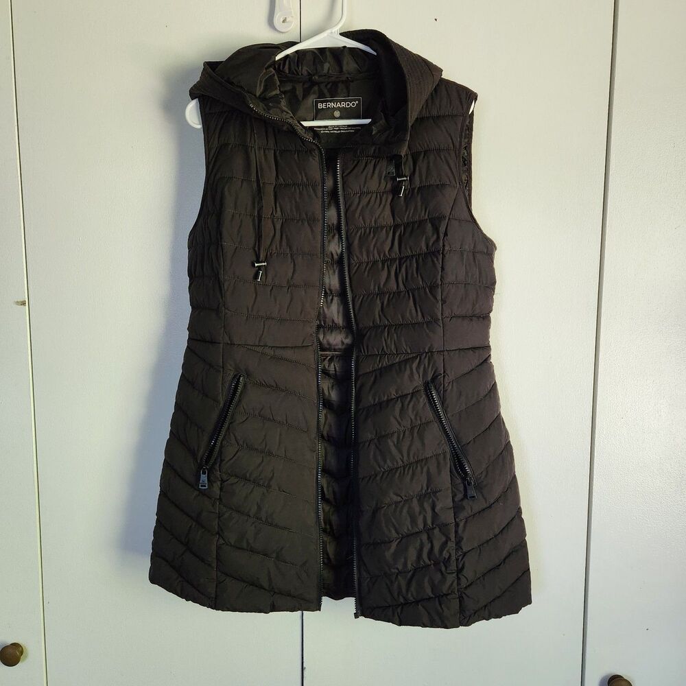 Bernardo Womens M Long Puffer Vest Black Hooded Quilted Full Zip Winter